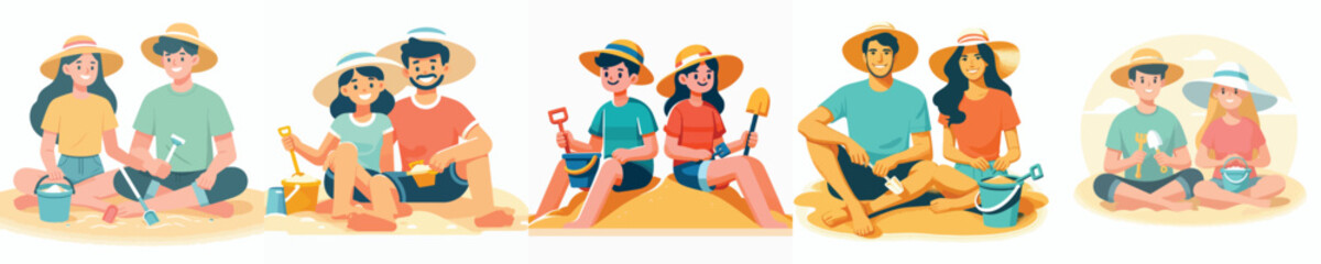 vector of a couple sitting on the sand holding sand shovels in summer © Vector