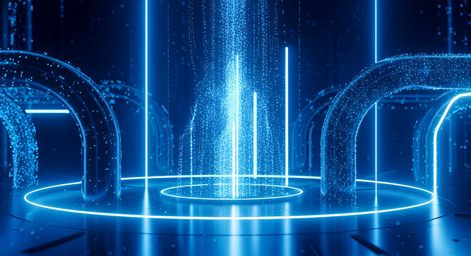 Abstract blue glowing particles emanating from a circular platform with pipes on the sides creating an energetic and futuristic scene