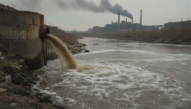 Wastewater discharging from industrial concrete pipe into river. Environmental pollution caused by factory smoke. Ecological crisis and contamination of water source by sewage disposal.