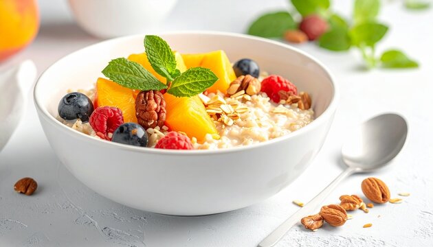Gesundes Haferflocken Fr&uuml;hst&uuml;ck als Hintergrund