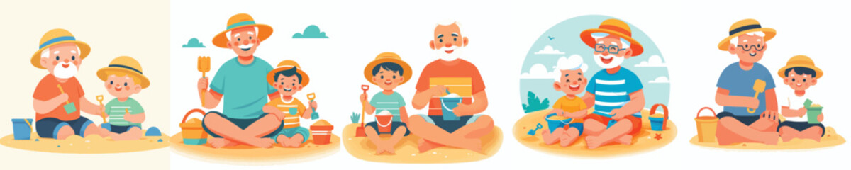 vector of a grandpa and grandchild sitting on the sand holding sand shovels in summer © Vector