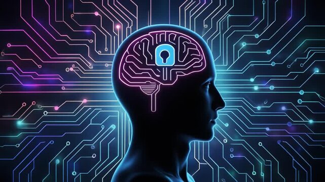 Digital illustration of human head with glowing brain lock, neon circuits symbolizing AI, cybersecurity, and secure human-machine integration.