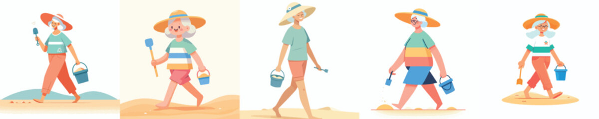 Fototapeta premium vector of a grandma walking carrying a sand shovel in summer