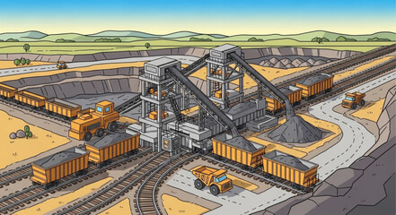 Industrial Train Yard with Freight Cars and Infrastructure. © Budd