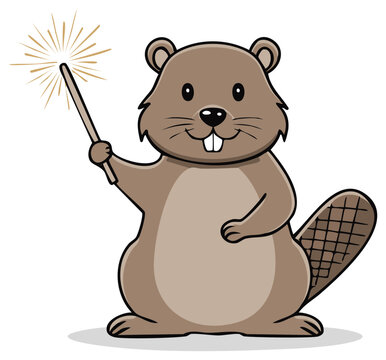 Cartoon Beaver Waving a Magic Wand Emitting Sparkles, Wildlife Illustration