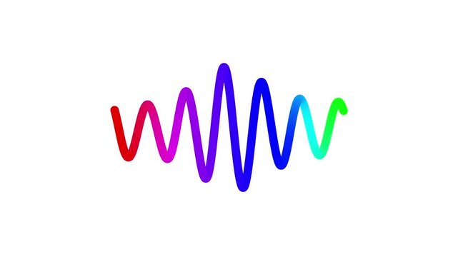 Animated multicolored sine wave oscillating smoothly on an isolated white background. A seamless looping design element featuring a gradient of red, purple, blue, and green for audio visualization