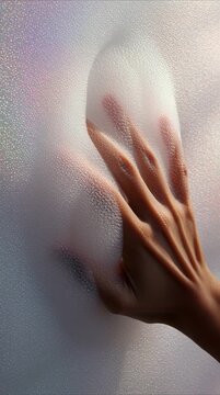  a hand pressing into thick iridescent memory foam, capturing subtle movements and texture changes, cinematic, high-detail, tactile, and visually immersive sensory concept.