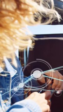 Vertical video: Cam pulling back, man lifting shades with brown bottle, traveling, overlaying frame