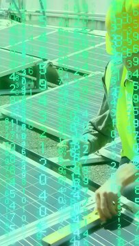 Vertical video: Solar tech placing level, aligning and securing panels while green overlay staying