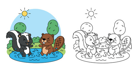 Naklejka premium Cute Cartoon Skunk and Beaver Playing Happily in a Pond Under the Sun