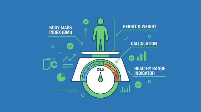 BMI healthy range indicator with man on scale illustration