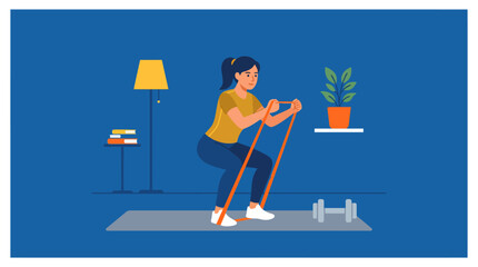 Fototapeta premium Woman exercising with resistance band at home, fitness and healthy lifestyle