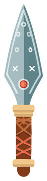 Stylized graphic illustration of a spear head with decorative details and handle.
