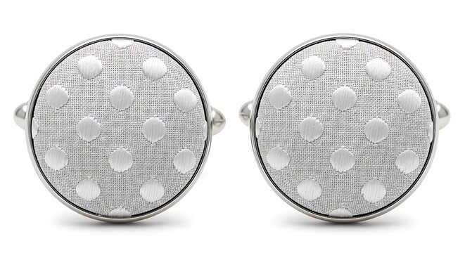 Pair of elegant silver cufflinks with a white polka dot fabric inlay