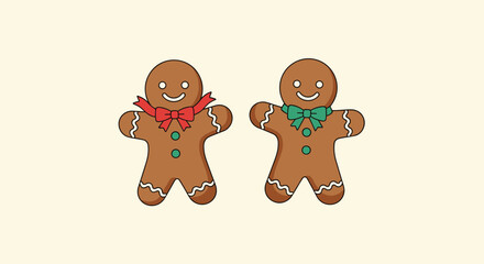 Obraz premium Pair of smiling gingerbread men cookies decorated with red and green bows and white frosting details on a warm cream background.