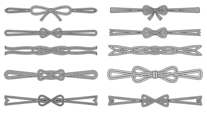 Set of traditional japanese mizuhiki decorative cord knots in various styles and shapes presented as horizontal borders and dividers.