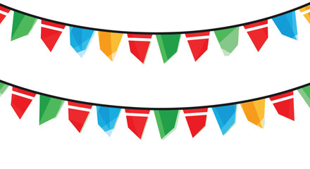 Obraz premium Two festive strings of colorful triangular bunting flags in red, blue, green, and yellow hanging across a white background.