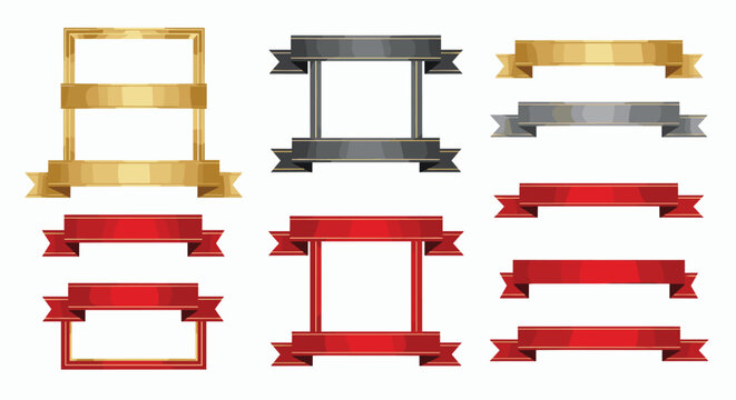Elegant set of ribbons and rectangular frames in shiny metallic gold, silver, and bold red colors for premium brand design.