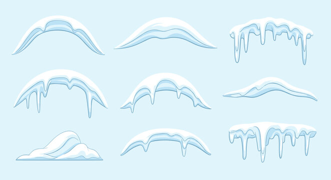 Collection of various white snow caps, drifts, and hanging blue icicle formations designed to be placed on top of objects or text.