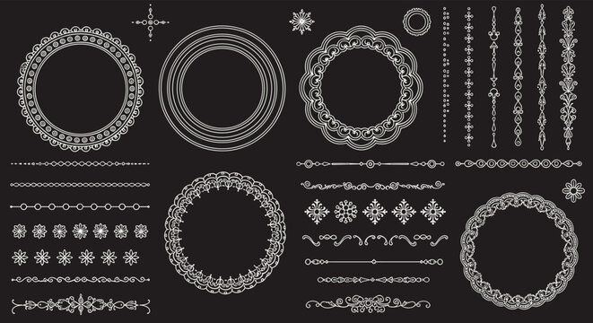 Comprehensive collection of elegant white ornate frames, circular borders, and intricate line dividers on a solid black background.
