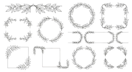 Obraz premium Selection of delicate hand-drawn black ink floral frames wreaths and corner decorations featuring various leaf designs.