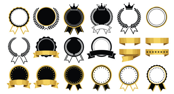 Huge set of black and gold award medals, laurel wreaths, ribbons, and crown seals for premium quality certification.
