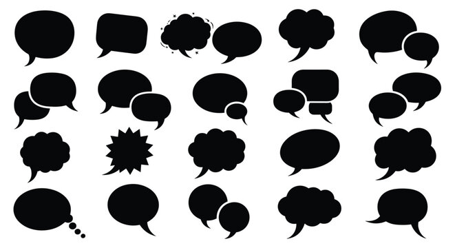 Large set of various black speech bubble silhouettes in different shapes and sizes including oval, rectangular, and cloud-like.