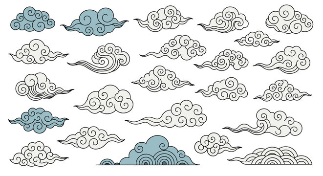 Set of traditional oriental style clouds in shades of blue, gray, and white with swirling curly patterns.