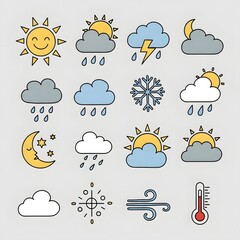 Obraz premium Collection of weather icons representing sunshine, rain, snow, clouds, lightning, moon, stars, and temperature readings