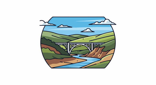 White bridge spans a blue river through rolling green hills under a cloudy sky