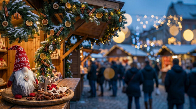 Christmas market wooden stall filled with cute teddy bears.