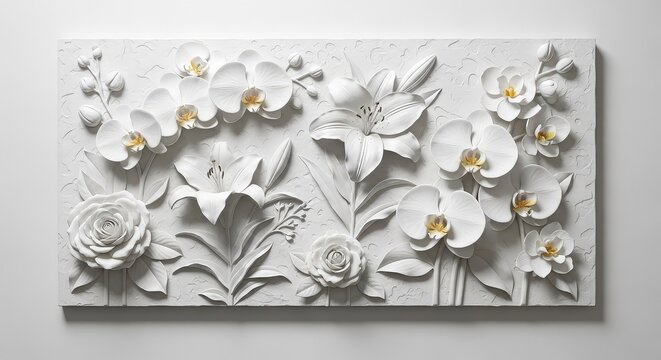 Sophisticated bas relief floral panel featuring sculpted white flowers on a matching textured background, creating an elegant wall art decor, blossom, detail, relief
