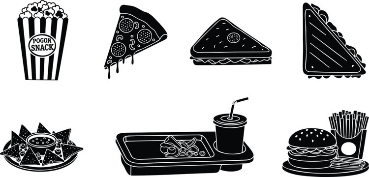 Fast food vector snacks set featuring popcorn pizza sandwich nachos burger and fries icons.