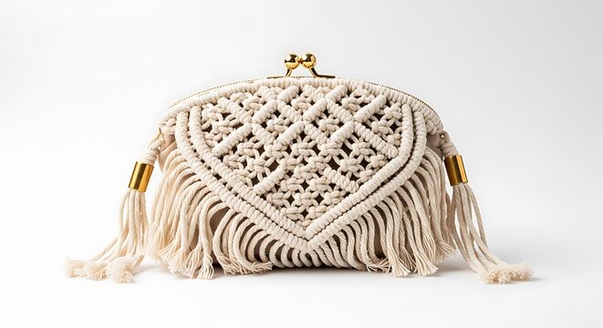 Macrame clutch bag with fringe detail isolated on white background