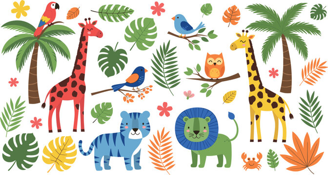 Flat Style Cute Jungle Animals Vector Set with Giraffe, Lion, Tiger, Parrot, Owl, Birds, Palm Trees, and Tropical Leaves for Kids Design Projects