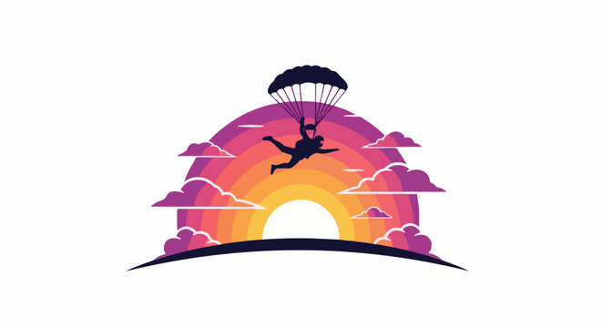 Silhouette of skydiver under rainbow with clouds