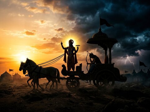 Bhagavad Gita Wisdom Scene with Intense Battlefield Background