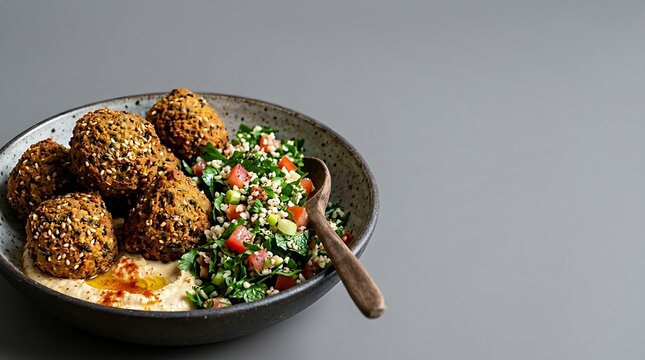 Healthy Middle Eastern falafel bowl with creamy hummus and fresh tabbouleh salad on minimalist gray background