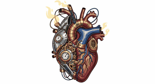 Intricate steampunk mechanical heart with gears, pipes, and gauges