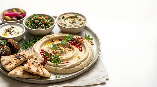 Traditional Middle Eastern meze platter with fresh hummus, falafel, pita bread and healthy salads