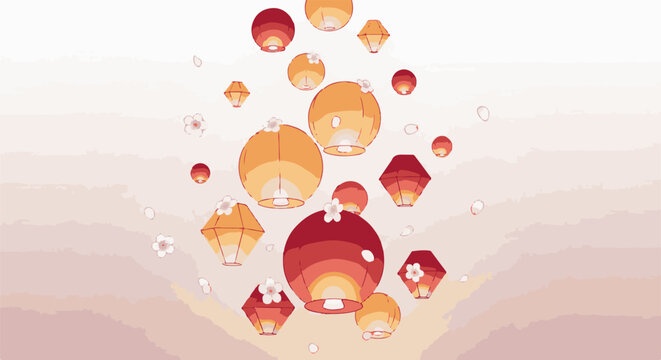 Illuminated lanterns float gently against a soft, gradient sky with scattered blossoms