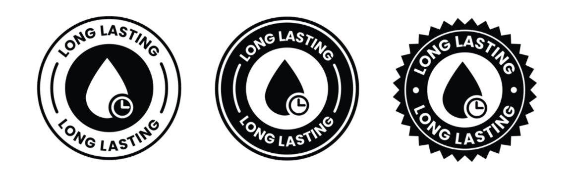 long lasting emblem with water droplet and clock icon black and white vector illustration high quality professional detailed modern elegant stylish clean crisp vibrant