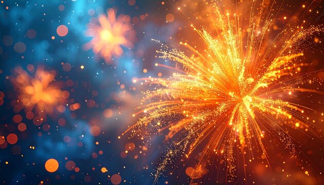 Abstract orange fireworks sparkle explosion against a rich blue bokeh background.