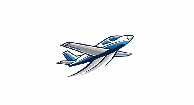 A stylized blue and silver jet aircraft is depicted ascending in a dynamic pose