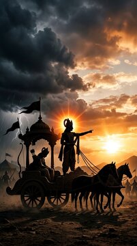 Bhagavad Gita Wisdom Scene with Intense Battlefield Background
