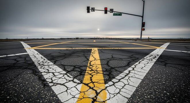 Cracked asphalt road with yellow and white markings at an intersection under cloudy sky.