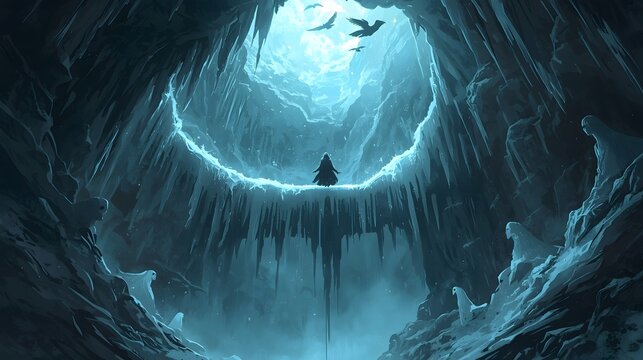 Cavern of frost at the underworld, where a soul, or Morana, the Slavic goddess of winter, death, revival and dreams descends on an icy bridge, fantasy landscape, generative ai