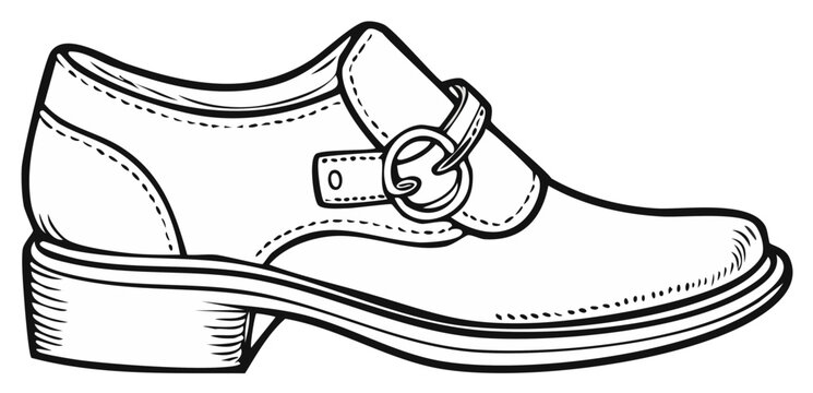 Classic Black and White Line Art Monk Strap Shoe with Buckle Detail