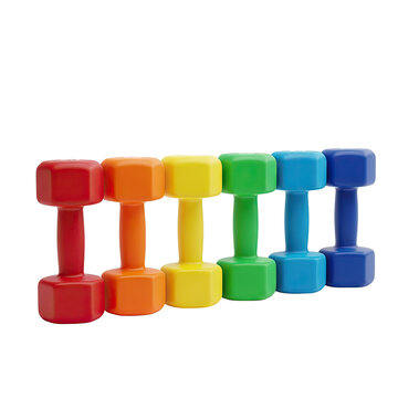 A row of colorful dumbbells in a rainbow gradient sequence.