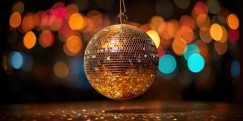 Obraz premium Disco ball glitters, suspended against a bokeh backdrop of colorful party lights